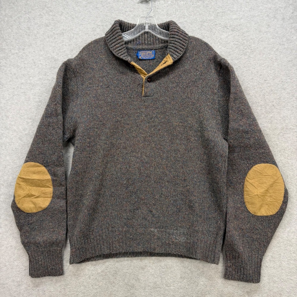 Pendleton Wool Sweater Men Medium Brown Marled Elbow Patch Shawl Collar Pullover